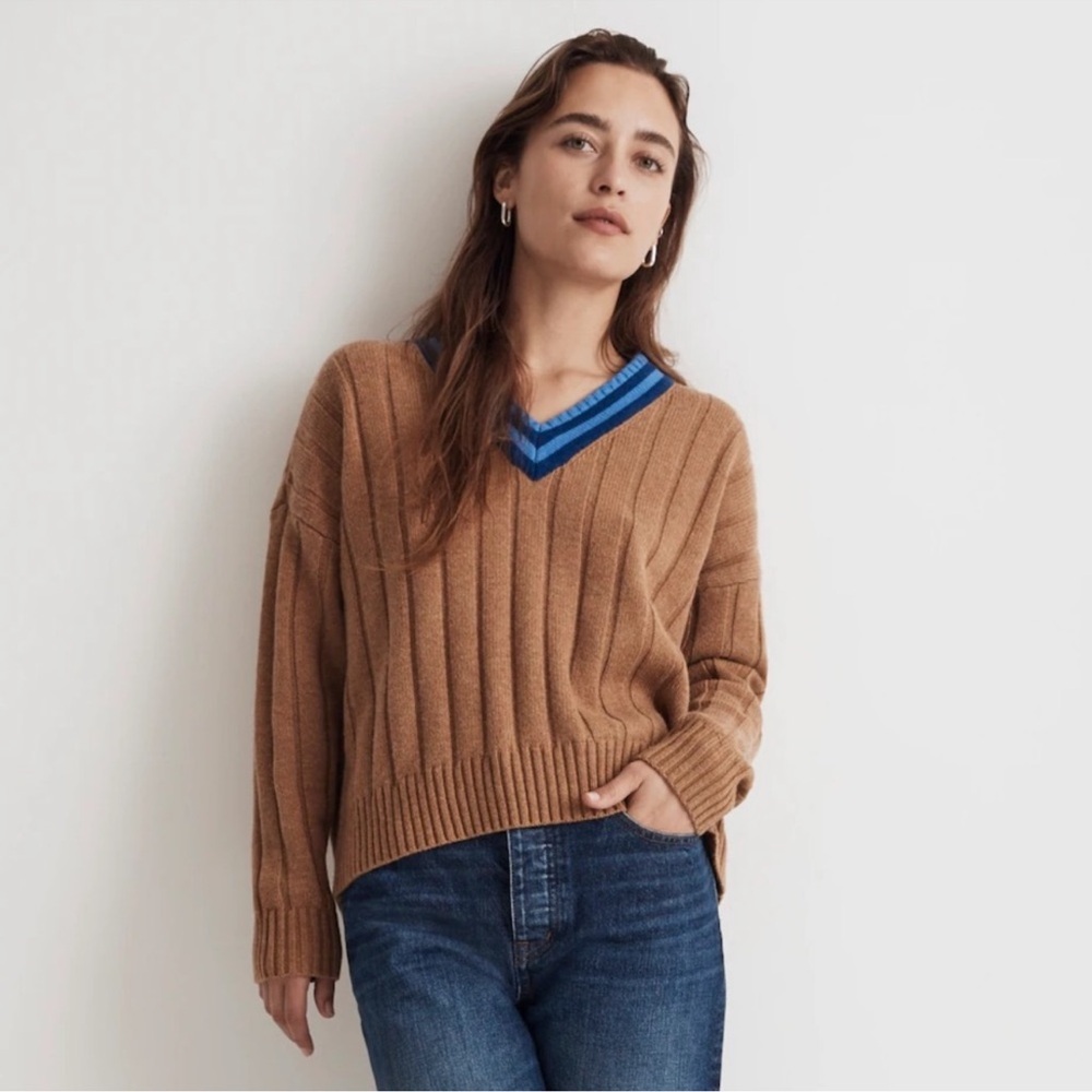 Madewell - Tipped V-Neck Oversized Sweater Heather caramel | relaxed fit
